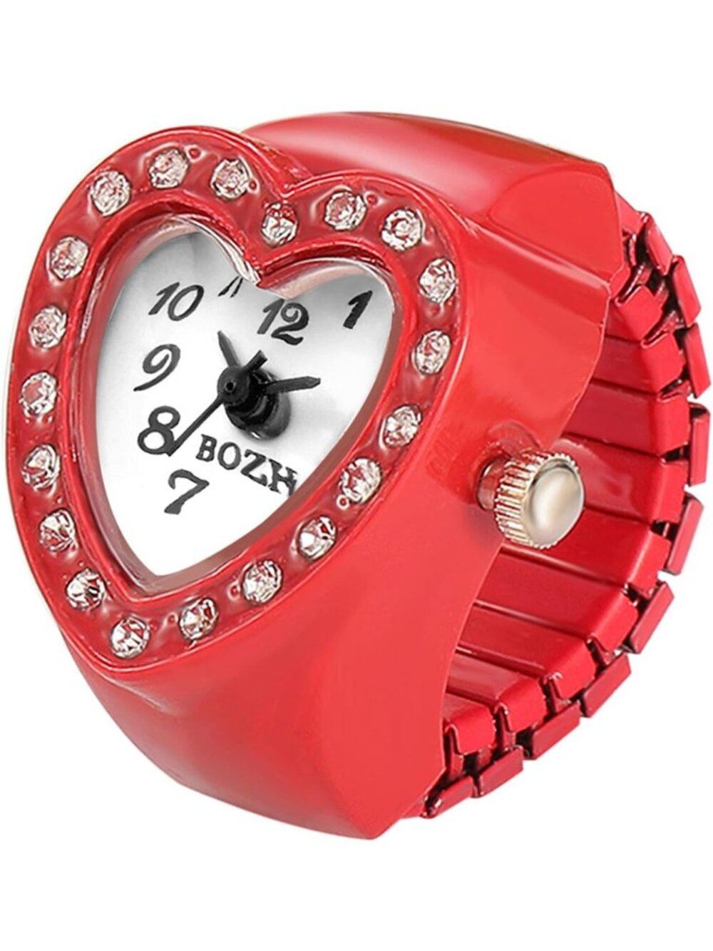 Unisex Red Analog Quartz Easy Read Adjustable Modern Heart Finger Ring Watch